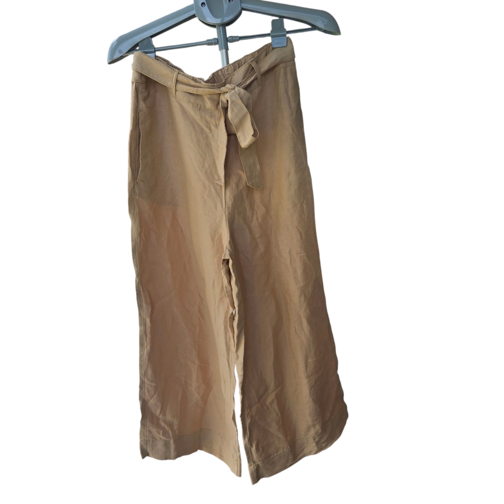 Halston Heritage Linen Blend Wide Leg Pants Crop in Beige With Belt Size L NWT